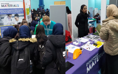 Discover Materials Ambassadors, Thomas Thorn (left) and Ambreen Tajmal (right), showing and discussing a range of materials and their properties with the student attendees.