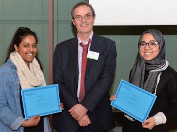 Sriluxmi (on the left) and Raghad (on the right) being congratulated by Martyn Bennett
