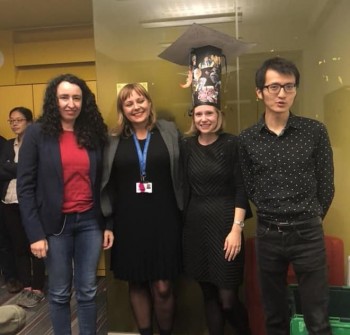 Kathrin with supervisor Prof Magda Titirici and  examiners Prof Conchi Ania (CNRS/University of Orleans) and Dr Ryan Wang (University College London)