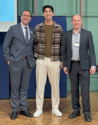 QMCUR project presentation prize winner, Jake Seah, with Prof James Busfield and Dr Oliver Fenwick.