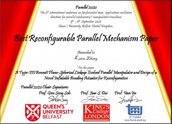 Best Reconfigurable Parallel Mechanism Paper award