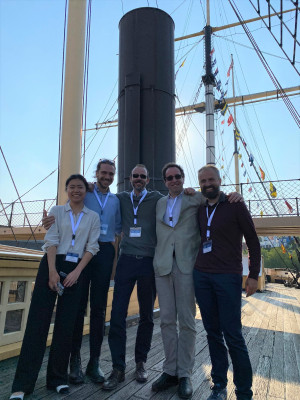 Five former and current members of the soft matter group attending EuroEAP on the SS Great Britain in Bristol in advance of the conference dinner. (From left to right: Yutong Sun, Giacomo Sasso, Federico Carpi, James Busfield and Gabriele Frediani)