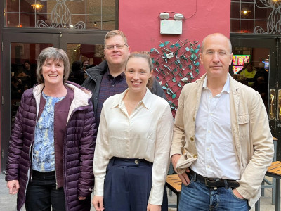 Rachel Jacques (middle) after her PhD viva with examiners Torsten Wagner and Andrei Sapelkin and supervisor Steffi Krause.
