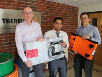 From let to right: Mark Newton (Managing Director, LMK), Dr Harshit Porwal & Jamie Evans (Development Manager, LMK) holding innovative products developed during the KTP.