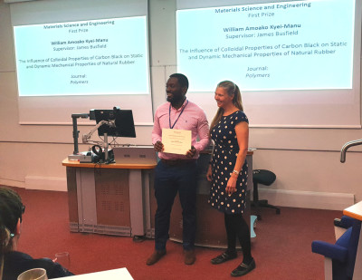 Research Paper 1st prize (Materials Engineering) to William Amoako Kyei-Manu, presented by Prof. Hazel Screen (Head of School)