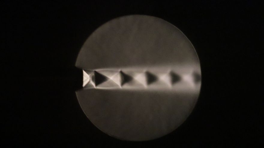 Schlieren image of over-expanded jet (pressure ratio of 3.2) emitting from a convergent-divergent nozzle of design Mach number 2, produced by Dr Punekar a visiting scholar in the group